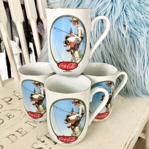 Coca Cola, Coffee Mugs, Norman Rockwell, Boy Fishing‎ Gone Fishing, Set of 4